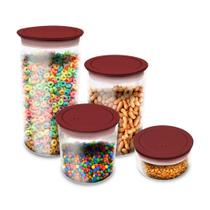Kit Potes Porta Mantimento Hermético Redondo Cozinha Slim 1,4L + 1L + 0,6L + 0,2L transparente tampa colorida Kit Potes Porta Mantimento Hermético Redondo Cozinha Slim 1,4L + 1L + 0,6L + 0,2L transparente tampa colorida