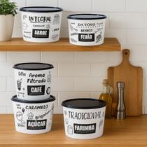 Kit potes porta mantimentos 5pcs plastico multiuso black branco 2l decorado redondo