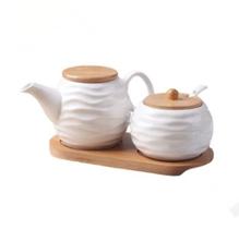 Kit Potes Temperos Galheteiro Bulinho Cerâmico E Bambu 3pçs