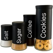 Kit Potes Vidro Aço Black Wolff 4 Peças C/Tampa Rosca Etiquetas Elegância De 820ml A 1,9Lt