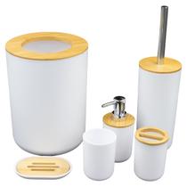 Kit pra Banheiro Bambu Conjuto Lavabo Saboneteira Lixo de Banheiro Acessorios 6 peças