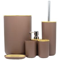 Kit pra Banheiro Bambu Conjuto Lavabo Saboneteira Lixo de Banheiro Acessorios 6 peças