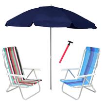 Kit Praia 2 Cadeira 8 Pos Alumínio Guarda Sol 2,4m Bagum Azul Marinho Saca Areia Pressão - Belfix