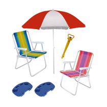 Kit Praia 2 Cadeira Alta Alumínio + Guarda Sol 1,8m + 2 Mesa Portátil + Saca Areia - Mor Kit Praia 2 Cadeira Alta Alumínio + Guarda Sol 1,8m + 2 Mesa Portátil + Saca Areia - Mor