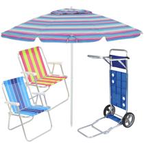 Kit Praia 2 Cadeira Alta Guarda Sol 2,4m Rosa Carrinho De Praia Com Avanço