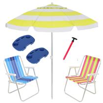 Kit Praia 2 Cadeira Alta Guarda Sol 2,4m Sortido 2 Mesa Portátil Saca Areia Pressão - Belfix