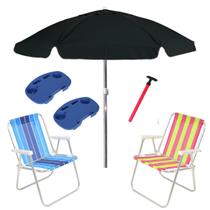 Kit Praia 2 Cadeira Alta Guarda Sol 2m Bagum Preto 2 Mesa Portátil Saca Areia Pressão - Belfix