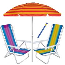 Kit Praia 2 Cadeira Reclinável 8 Pos Alum + Guarda Sol 2,4m + Saca areia - Mor
