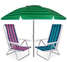 Kit Praia 2 Cadeira Reclinável 8 Pos Alumínio + Guarda Sol 2m Sombreiro Alum - Mor