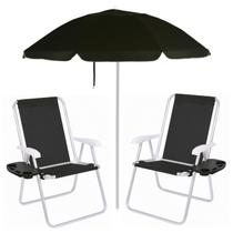 Kit Praia 2 Cadeiras Alta Mesa Portatil + Guarda Sol Premium 2m Bagum Alumínio Preto - Mor