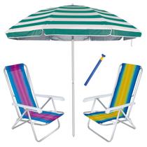 Kit Praia 2 Cadeiras Reclinável 8 Pos Alum + Guarda Sol 2,6m Listrado + Saca Areia - Mor Kit Praia 2 Cadeiras Reclinável 8 Pos Alum + Guarda Sol 2,6m Listrado + Saca Areia - Mor