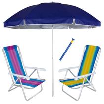 Kit Praia 2 Cadeiras Reclinável 8 Pos Alum + Guarda Sol 2,6m + Saca Areia - Mor