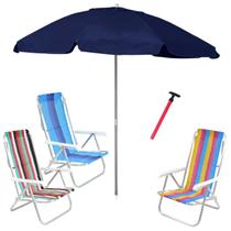 Kit Praia 3 Cadeira 8 Pos Alumínio Guarda Sol 2,4m Bagum Azul Marinho Saca Areia Pressão - Belfix Kit Praia 3 Cadeira 8 Pos Alumínio Guarda Sol 2,4m Bagum Azul Marinho Saca Areia Pressão - Belfix