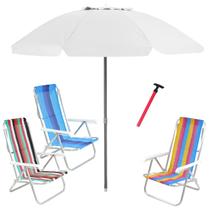 Kit Praia 3 Cadeira 8 Pos Alumínio Guarda Sol 2,4m Bagum Branco Saca Areia Pressão - Belfix