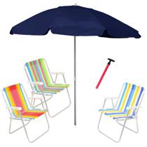 Kit Praia 3 Cadeira Alta Guarda Sol 2,4m Bagum Azul Marinho Saca Areia Pressão - Belfix
