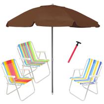 Kit Praia 3 Cadeira Alta Guarda Sol 2,4m Bagum Marrom Saca Areia Pressão - Belfix