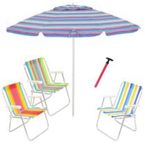 Kit Praia 3 Cadeira Alta Guarda Sol 2,4m Rosa Saca Areia Pressão - Belfix