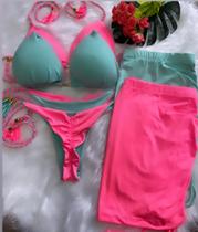 Kit Praia Biquíni Cortininha Neon Empina Bumbum com Calcinha Fio Dupla Face Amarração Lateral + Saida Saia Franzida Ajustável Kit Praia Biquíni Cortininha Neon Empina Bumbum com Calcinha Fio Dupla Face Amarração Lateral + Saida Saia Franzida Ajustável