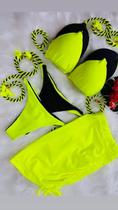 Kit Praia Biquíni Cortininha Neon Empina Bumbum com Calcinha Fio Dupla Face Amarração Lateral + Saida Saia Franzida Ajustável Kit Praia Biquíni Cortininha Neon Empina Bumbum com Calcinha Fio Dupla Face Amarração Lateral + Saida Saia Franzida Ajustável