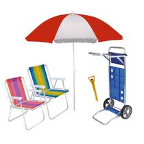 Kit Praia Carrinho + 2 Cadeira Alta Alumínio + Guarda Sol 1,8m + Saca Areia de Rosca - Mor