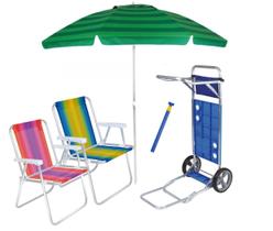 Kit Praia Carrinho C/ Avanço + 2 Cadeira Alta Aluminio + Guarda Sol 2,4m + Saca Areia - Mor