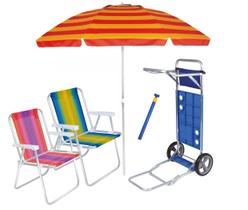 Kit Praia Carrinho C/ Avanço + 2 Cadeira Alta Aluminio + Guarda Sol 2,4m + Saca Areia - Mor Kit Praia Carrinho C/ Avanço + 2 Cadeira Alta Aluminio + Guarda Sol 2,4m + Saca Areia - Mor