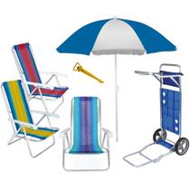 Kit Praia Carrinho Com Avanço + 3 Cadeira Reclinável Alumínio 8 Posições + Guarda Sol 1,8m + Saca Areia - Mor