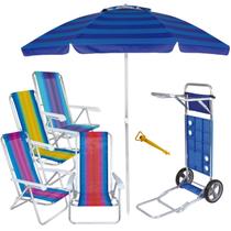 Kit Praia Carrinho Com Avanço + 4 Cadeira Reclinável Alumínio 8 Posições + Guarda Sol 2m + Saca Areia - Mor Kit Praia Carrinho Com Avanço + 4 Cadeira Reclinável Alumínio 8 Posições + Guarda Sol 2m + Saca Areia - Mor