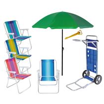 Kit Praia Carrinho Com Avanço Guarda Sol 1,8m 4 Cadeira Alum Alta Saca Areia - Mor
