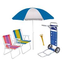 Kit Praia Carrinho Com Avanço Guarda Sol 2 Cadeira Alta Aluminio Saca Areia - Mor Kit Praia Carrinho Com Avanço Guarda Sol 2 Cadeira Alta Aluminio Saca Areia - Mor
