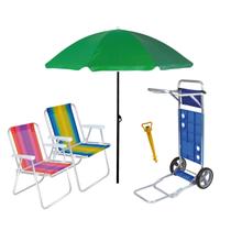 Kit Praia Carrinho Com Avanço Guarda Sol 2 Cadeira Alta Aluminio Saca Areia - Mor Kit Praia Carrinho Com Avanço Guarda Sol 2 Cadeira Alta Aluminio Saca Areia - Mor