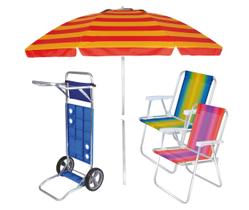 Kit Praia Carrinho De Praia + 2 Cadeira Alta Alumínio + Guarda Sol 2,4m Articulado - Mor