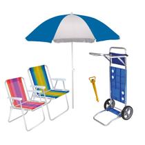 Kit Praia Carrinho De Praia 2 Cadeira Alta Alumínio Guarda Sol Saca Areia - Mor
