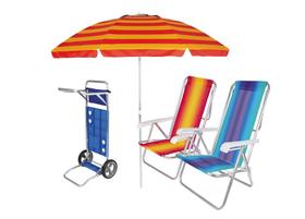 Kit Praia Carrinho De Praia + 2 Cadeira Reclinável 8 Pos Alum + Guarda Sol 2,4 Metros- Mor