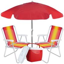 Kit Praia com Guarda Sol Vermelho 1,60 M, Caixa Termica e 2 Cadeiras