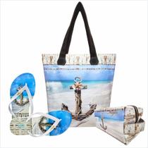 Kit Praia Feminino Âncora Azul com Bolsa, Necessaire e Chinelo, Magicc