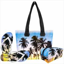 Kit Praia Feminino Coqueiros com Bolsa, Necessaire e Chinelo, Magicc