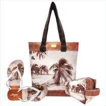 Kit Praia Feminino Coqueiros Marrom com Bolsa, Necessaire e Chinelo, Magicc