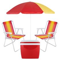 Kit Praia Guarda Sol 1,50 M + 2 Cadeiras Coloridas + Caixa Termica 26 L Mor