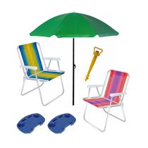 Kit Praia Guarda Sol 1,8m 2 Cadeira Alta Alumínio 2 Mesa Portátil Saca Areia - Mor