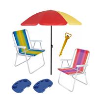Kit Praia Guarda Sol 1,8m 2 Cadeira Alta Alumínio 2 Mesa Portátil Saca Areia - Mor