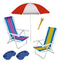 Kit Praia Guarda Sol 1,8m 2 Cadeira Reclinável 8 Pos Alum Mesa Portátil Saca Areia - Mor