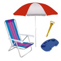 Kit Praia Guarda Sol 1,8m Cadeira Reclinável 8 Posições Alumínio Mesa Portátil Saca Areia - Mor