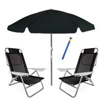 Kit Praia Guarda Sol 2m Bagum Alumínio 2 Cadeira Reclinável Summer 6 Pos Preto Saca Areia Pressão - Belfix