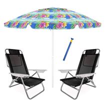 Kit Praia Guarda Sol Alumínio 2,4M Floral 2 Cadeira Reclinável Summer 6 Pos Preto Saca Areia Pressão - Belfix
