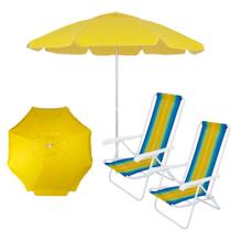 Kit Praia Guarda Sol Amarelo Bagum 1,60 M + 2 Cadeiras 4 Posicoes em Aco