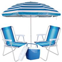 Kit Praia Guarda Sol Azul Listrado + 2 Cadeiras de Praia + Caixa Termica 18 L Mor