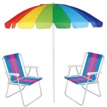 Kit Praia Guarda Sol Colorido Articulado + 2 Cadeiras de Praia Mor