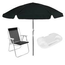 Kit Praia Guarda-sol grande preto + Cadeira de Praia Alta Mormaii e Suporte de Copos Verão Bel