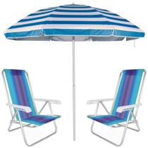Kit Praia Guarda Sol Listrado Articulado 2,60 M + 2 Cadeiras de Praia Aluminio Mor